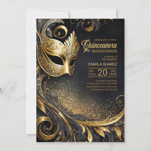 Quinceanera Masquerade Black Gold ID1031 Einladung (Vorderseite)