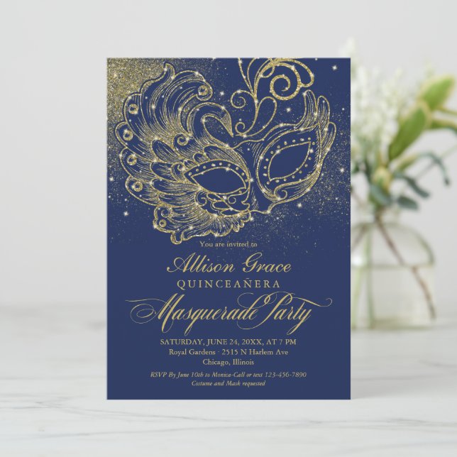 Quinceanera Masquerade Einladung Navy Blue Gold (Stehend Vorderseite)