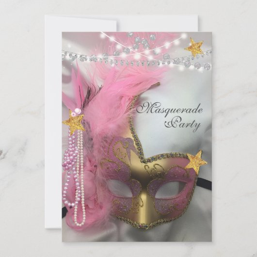 Quinceanera Masquerade Gold Glitzer Rosa Perlen Einladung (Vorderseite)