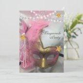 Quinceanera Masquerade Gold Glitzer Rosa Perlen Einladung (Stehend Vorderseite)