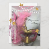 Quinceanera Masquerade Gold Glitzer Rosa Perlen Einladung (Vorne/Hinten)