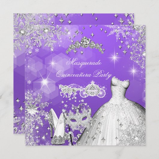 Quinceanera Masquerade Magic Princess Carriage 2 Einladung (Vorne/Hinten)
