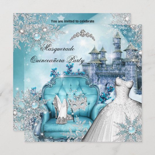 Quinceanera Masquerade Magische Prinzessin Blau 2 Einladung (Vorne/Hinten)