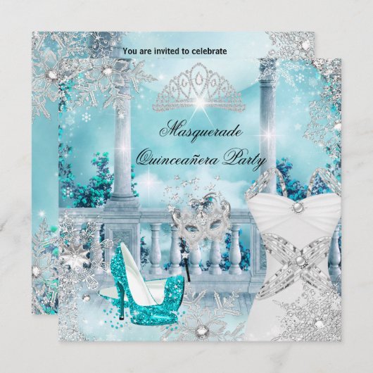 Quinceanera Masquerade Magische Prinzessin Blau 3 Einladung (Vorne/Hinten)