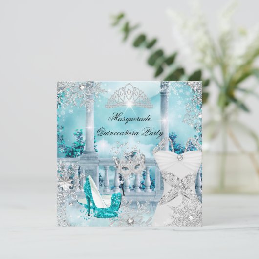 Quinceanera Masquerade Magische Prinzessin Blau 3 Einladung (Stehend Vorderseite)