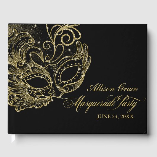 Quinceanera Masquerade Party Gold Black Gästebuch (Vorderseite)