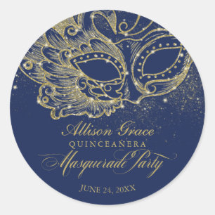 Quinceanera Masquerade Party Gold Blue Runder Aufkleber
