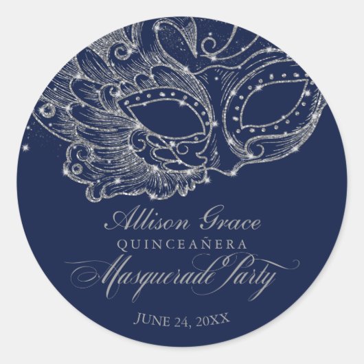 Quinceanera Masquerade Party Silver Blue Runder Aufkleber (Vorderseite)