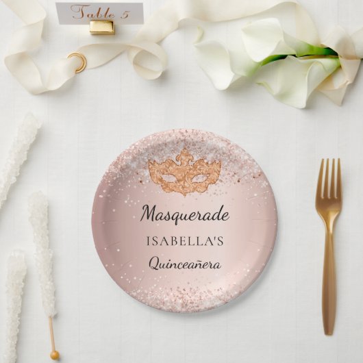 Quinceanera Masquerade Rose Gold Glitzer Party Pappteller (Hochzeit)