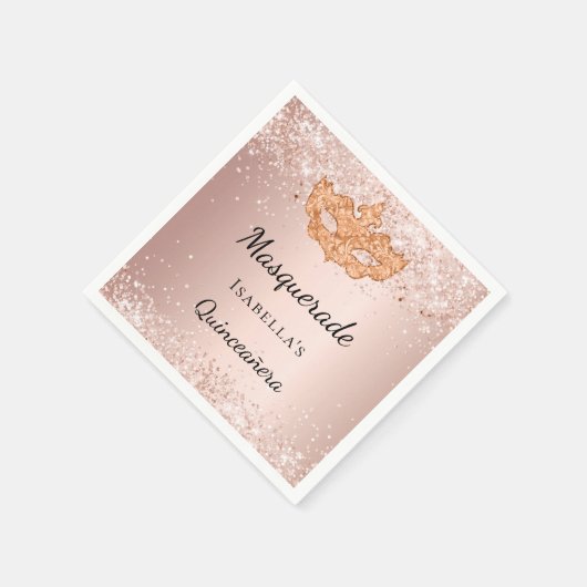 Quinceanera Masquerade Rose Gold Party Serviette (Ecke)