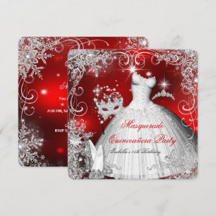Quinceanera Masquerade Rote weiße Schneeflocken 2 Einladung