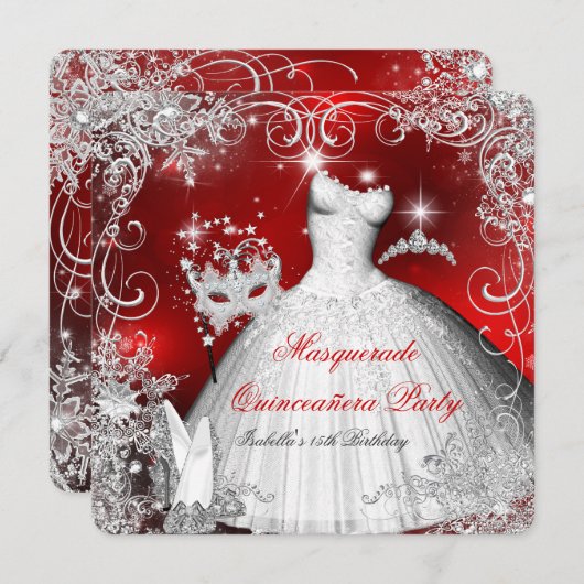 Quinceanera Masquerade Rote weiße Schneeflocken 2 Einladung (Vorne/Hinten)