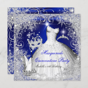 Quinceanera Masquerade Royal Blue White Snowflakes Einladung