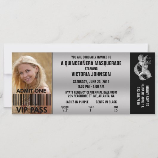 Quinceañera Masquerade VIP Eintrittskarte Einladung (Vorderseite)
