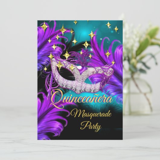 Quinceanera Masquerage Masquerade Aquamarin Lila s Einladung (Stehend Vorderseite)