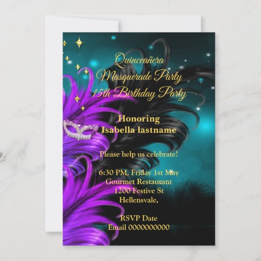 Quinceanera Masquerage Masquerade Aquamarin Lila s Einladung (Rückseite)
