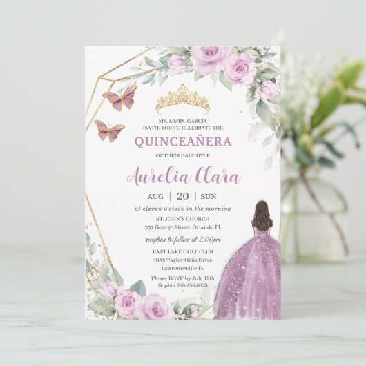 Quinceañera Mauve Floral Butterfly Princess Dress Einladung (Stehend Vorderseite)