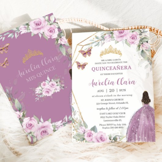 Quinceañera Mauve Floral Butterfly Princess Dress Einladung