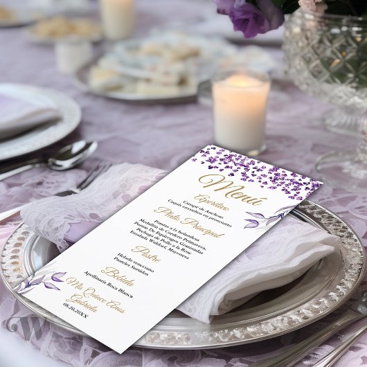 Quinceañera Menú de cena de follaje morado español Menükarte