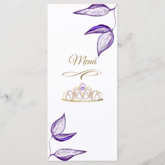 Quinceañera Menú de cena de follaje morado español Menükarte (Vorderseite)