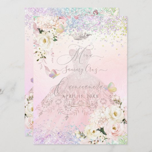 Quinceanera Menü Holografische Mariposa Rosa Rosa Einladung (Vorne/Hinten)