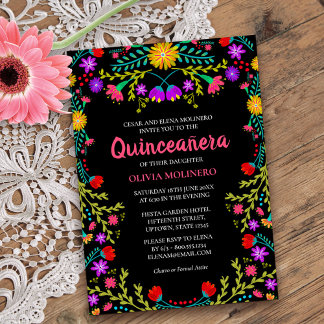 Quinceanera Mexican Fiesta Floral Black Birthday Einladung