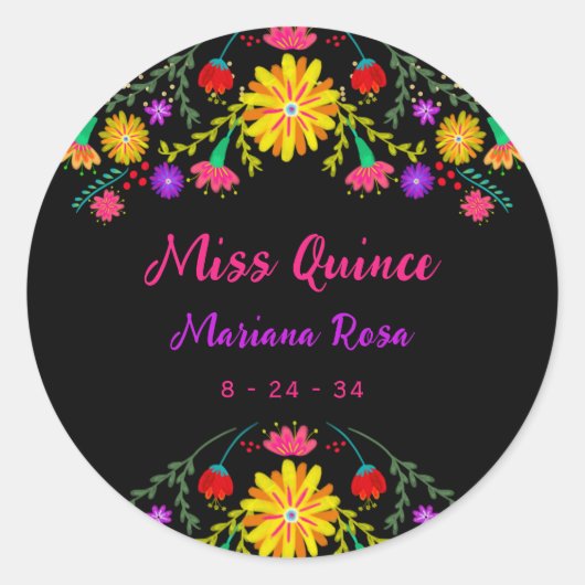 Quinceanera Mexican Fiesta Floral Geburtstag Runder Aufkleber (Vorderseite)