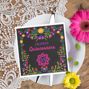 Quinceanera-Mexikanische Fiesta-Blumen Schwarzer G Serviette