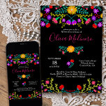 Quinceanera mexikanische Fiesta farbenfrohe schwar Einladung<br><div class="desc">Mexikanische Fiesta Quinceanera Einladung für die 15. Geburtstagsfeier Ihrer Tochter. Dieses Blumenthema Quinceañera zeigt farbenfrohe mexikanische Volkskunst-Blume in Rot, Rosa, lila und Gelb auf schwarzem Hintergrund. Auf der Rückseite der Karte befindet sich ein Blumenstrauß, der aus denselben Fiesta-Blume hergestellt wurde. Die Vorlage ist für Sie bereit, um die Karte mit...</div>