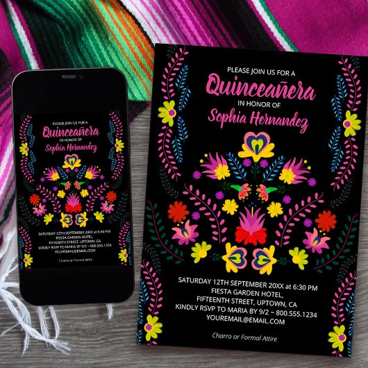 Quinceanera mexikanischen Party Blume Black Birthd Einladung