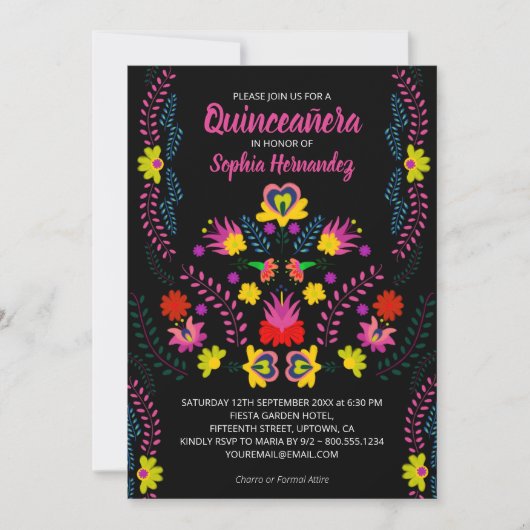 Quinceanera mexikanischen Party Blume Black Birthd Einladung (Vorderseite)