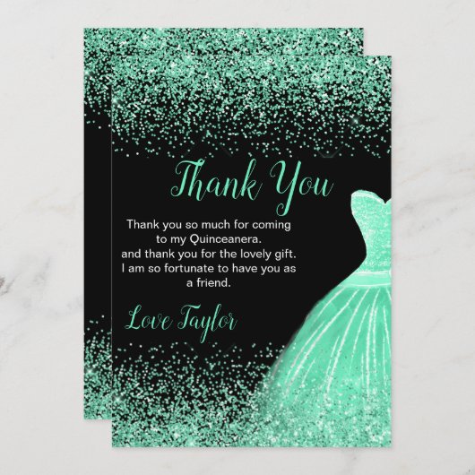 Quinceanera Mint Green Dress Faux Glitter Dankeskarte (Vorne/Hinten)
