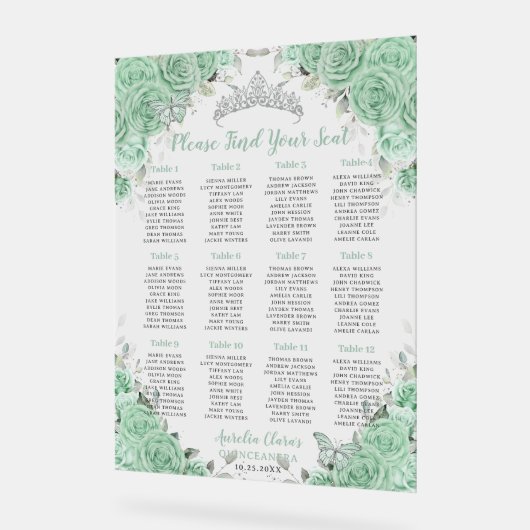 Quinceañera Mint Green Floral Silver Sitzplatz Acrylschild (Winkel)