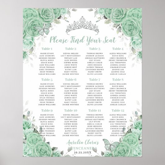 Quinceañera Mint Green Floral Silver Sitzplatz Poster (Vorne)