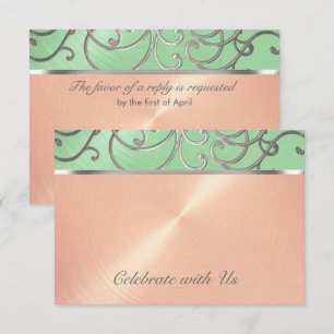 Quinceanera Mint Green Peach Silver Filigree Swirl Einladung