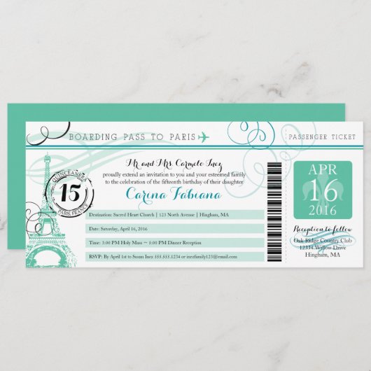 Quinceanera Minze Grün und Aquamarin | Paris Einladung (Vorne/Hinten)