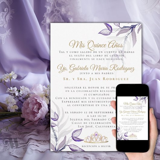 Quinceañera Mis Quince Años Follaje Morado Einladung