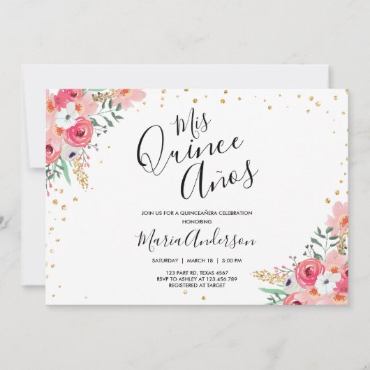Quinceañera Mis Quince Años Pink Florale Geburtsta Einladung (Vorderseite)