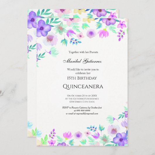 Quinceañera mit Blume Einladung (Vorne/Hinten)