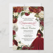 Quinceanera mit eleganten Gown- und Bordeaux-Blume Einladung (Vorderseite)