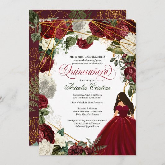 Quinceanera mit eleganten Gown- und Bordeaux-Blume Einladung (Vorne/Hinten)
