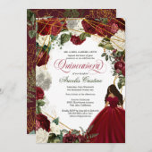 Quinceanera mit eleganten Gown- und Bordeaux-Blume Einladung (Vorne/Hinten)