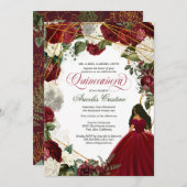 Quinceanera mit eleganten Gown- und Bordeaux-Blume Einladung (Vorne/Hinten)