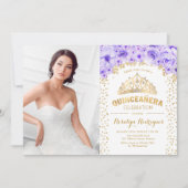 Quinceanera mit Foto - Lila Gold Einladung (Vorderseite)