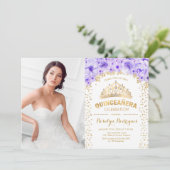Quinceanera mit Foto - Lila Gold Einladung (Stehend Vorderseite)