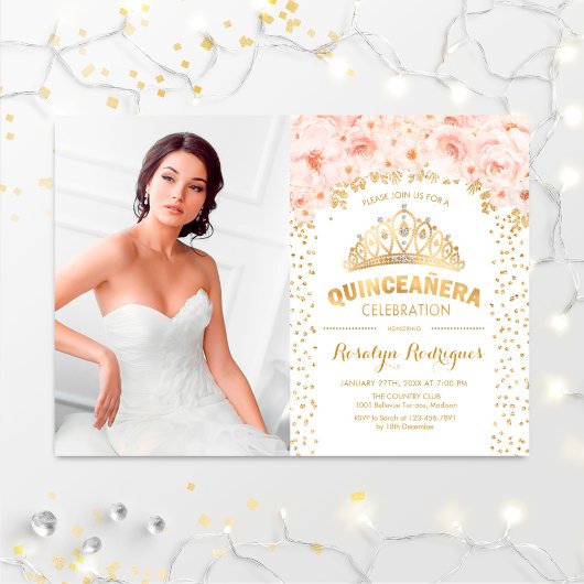 Quinceanera mit Foto - Rosa goldfarbene Blume Einladung