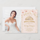 Quinceanera mit Foto - Rosa Rosa Einladung (Vorderseite)