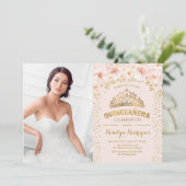 Quinceanera mit Foto - Rosa Rosa Einladung (Stehend Vorderseite)