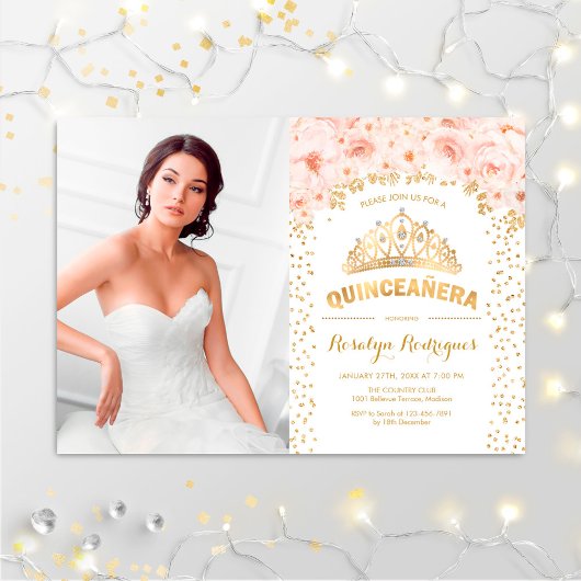 Quinceanera mit Foto - Rosen aus Gold Einladung