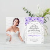 Quinceanera mit Foto - silber, Lila Einladung (Stehend Vorderseite)